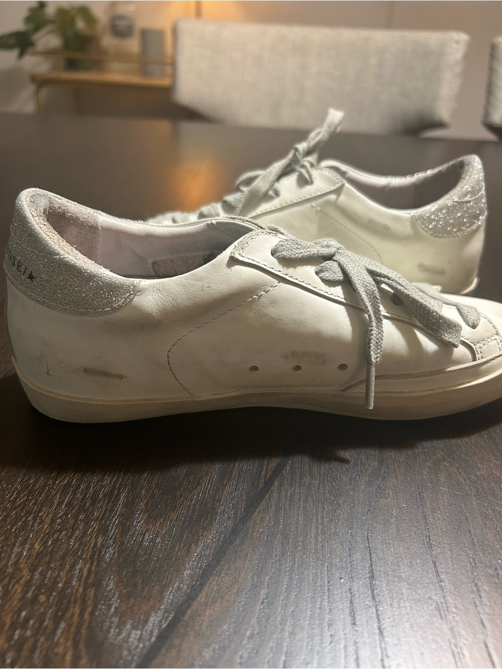 Golden Goose White Leather Low-Top Sneakers with Silver Glitter Heel